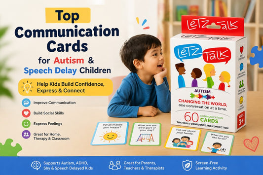 Child using LETZ TALK autism communication cards for speech delay learning and social skill development.