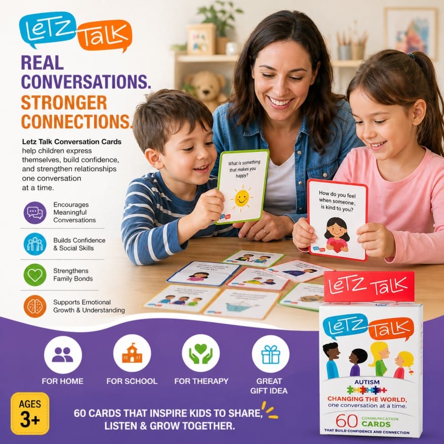 LETZ TALK autism conversation cards for kids promoting communication skills and family bonding during interactive play.