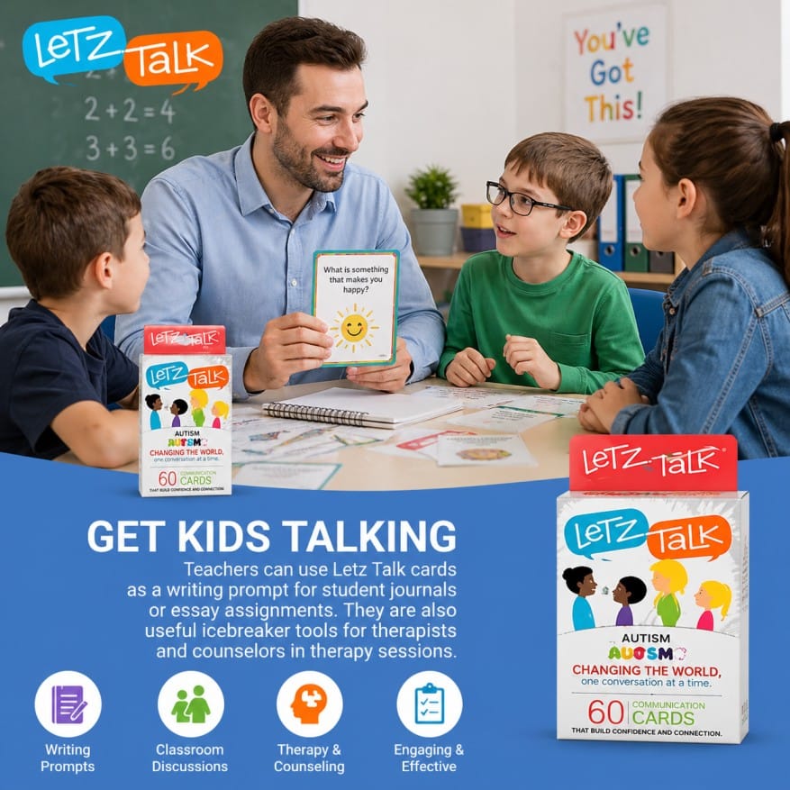 LETZ TALK autism conversation cards for kids promoting engagement in classroom discussions and therapy sessions